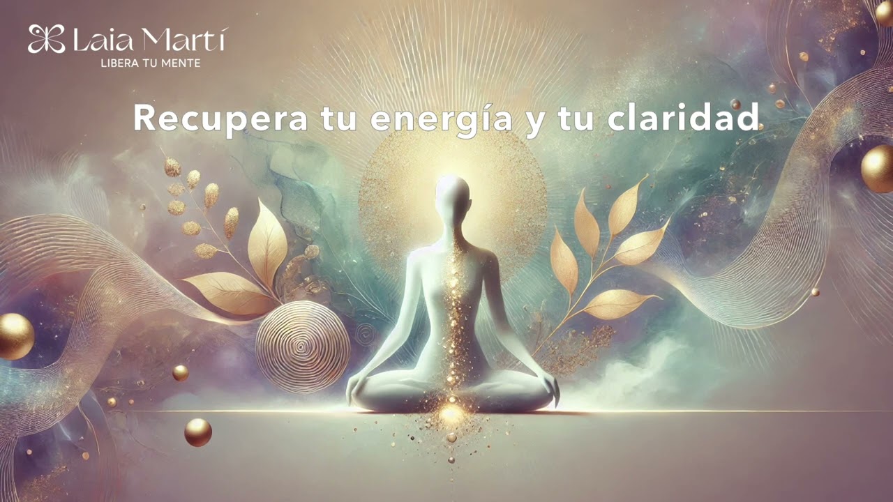 Miniatura del vídeo: Meditación guiada, recupera tu energía y tu claridad, figura meditando entre luz dorada y hojas
